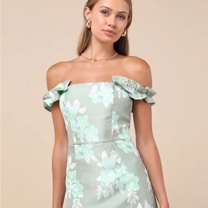 Sage Green Floral Jacquard Ruffled Mini Dress